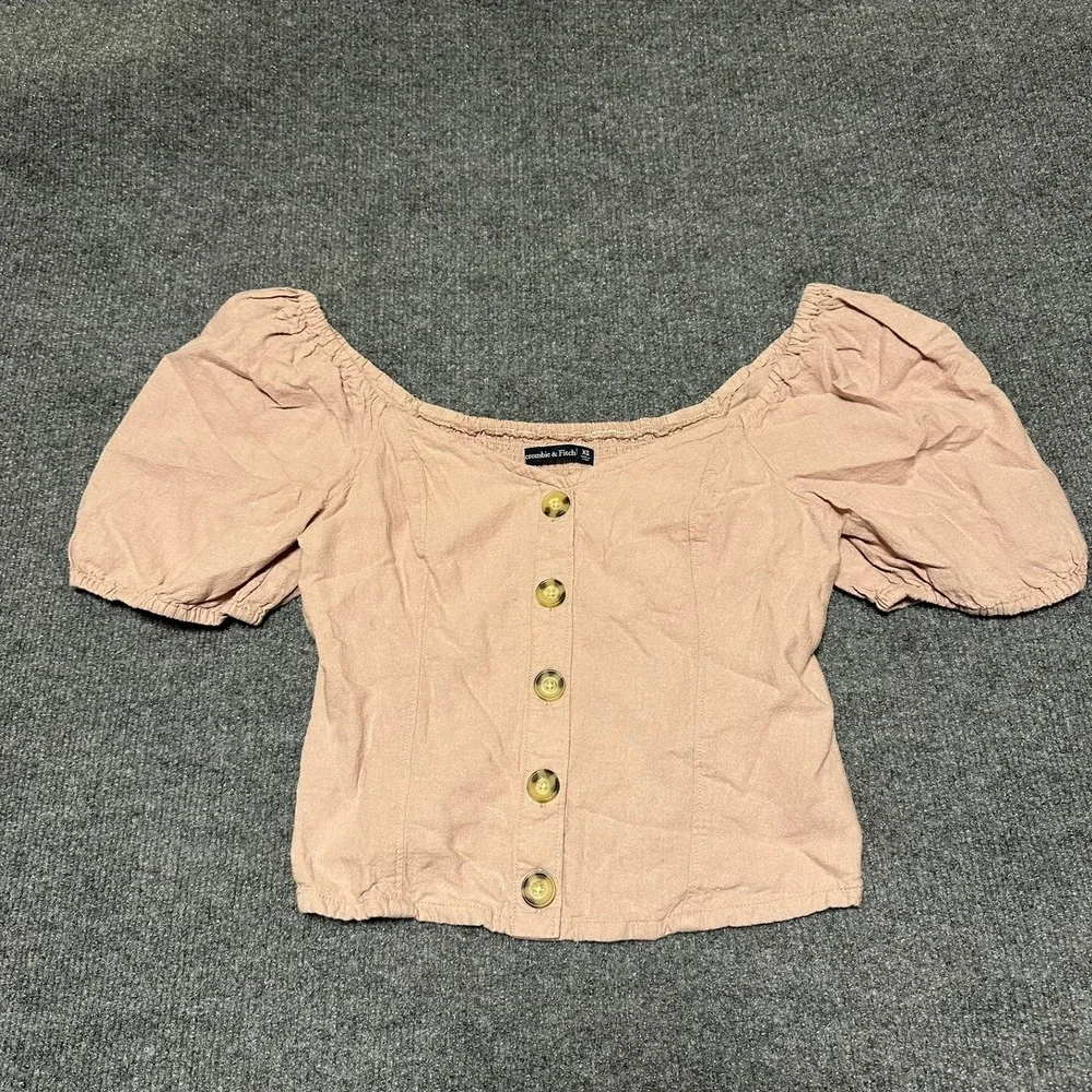 Abercrombie & Fitch Womens XS Mauve Pink Puff Sleeve Button Front Smocked Top